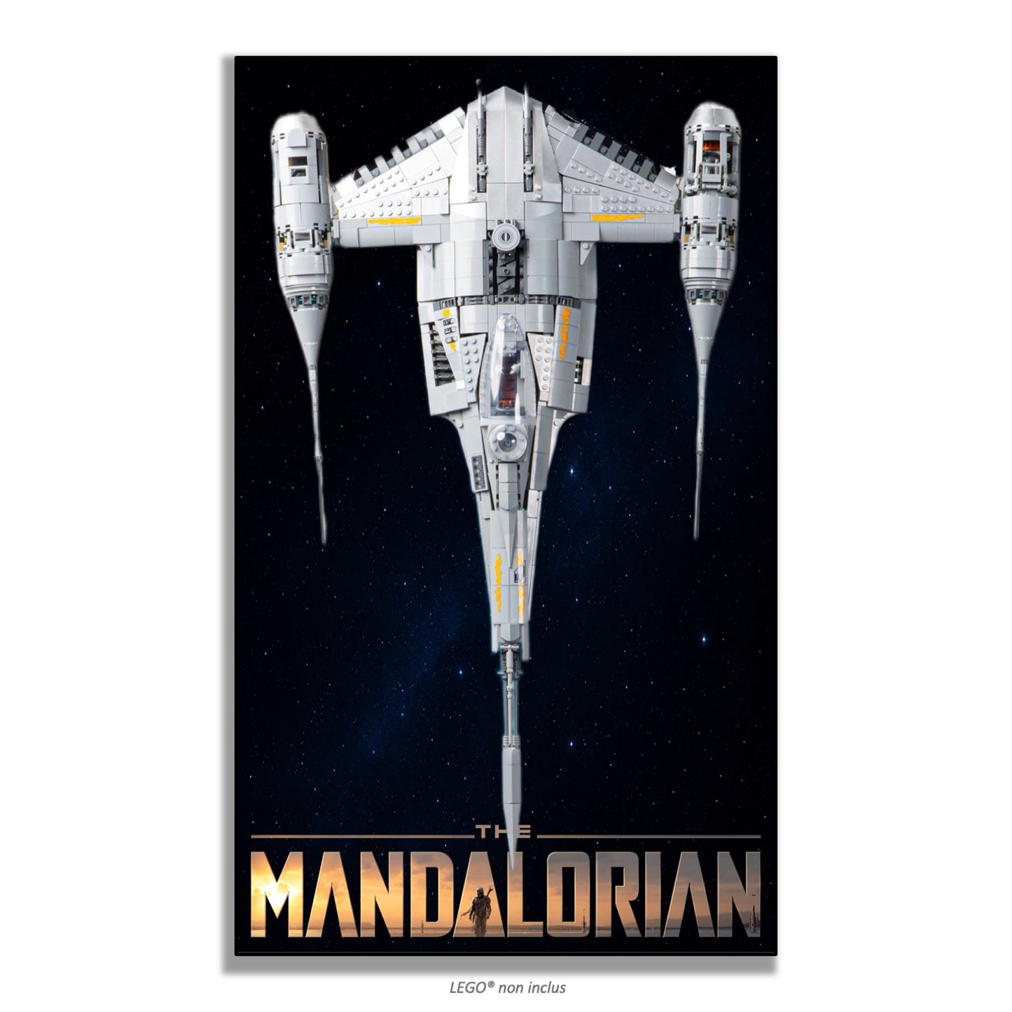 Chasseur N-1 du Mandalorien LEGO 75442 – Style Espace étoilé bleu, finition Cadre aluminium noir plan large – Tableau mural aluminium Kadris