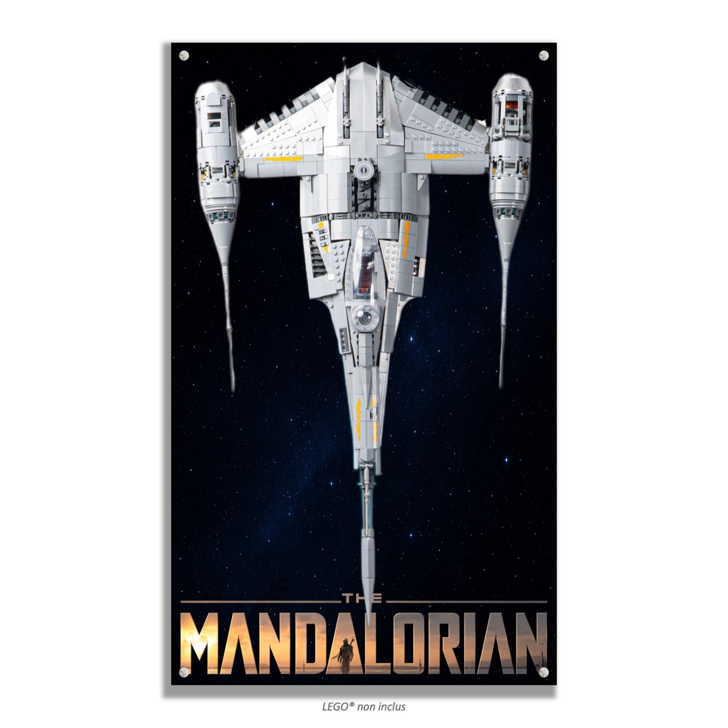 Chasseur N-1 du Mandalorien LEGO 75442 – Style Espace étoilé bleu, finition Entretoises – vaisseau dans espace bleu nuit étoilé – Tableau mural aluminium Kadris