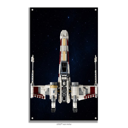 Chasseur X-Wing LEGO Star Wars 75355 – Style Espace étoilé bleu, finition Cadre aluminium noir vue cadrée – Tableau mural aluminium Kadris