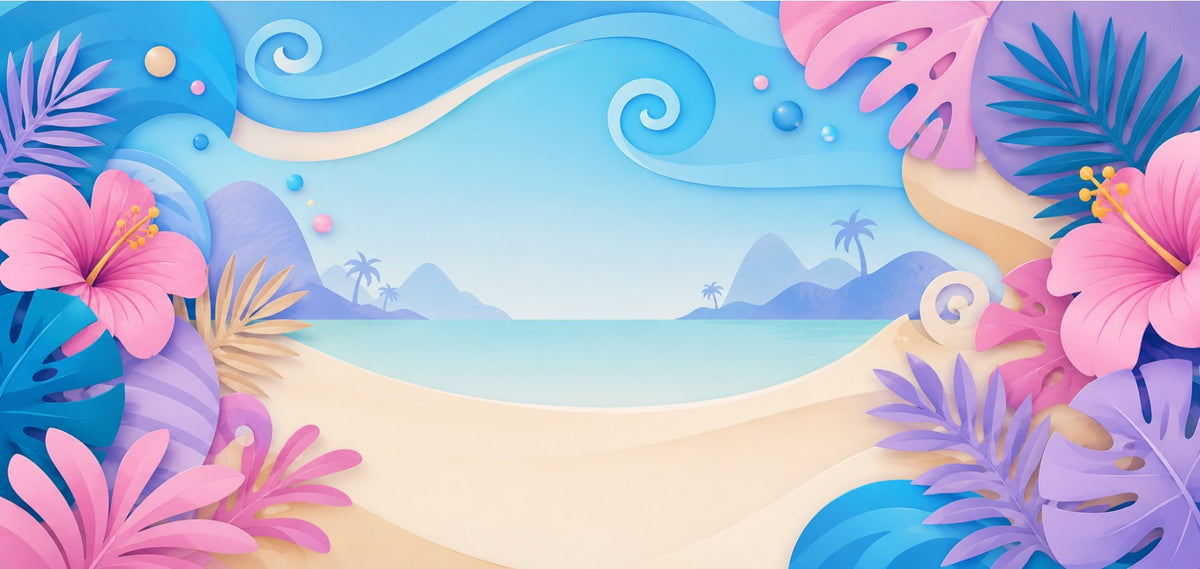 Stitch et Angel LEGO® 43296 et 43257 – Décor Plage pastel – Visuel du décor seul – Fond de meuble aluminium Kadris®