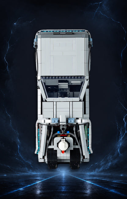 DeLorean Retour vers le Futur LEGO® 10300 – Style DARK VELOCITY – Vue de face, set en place – Tableau mural aluminium Kadris®
