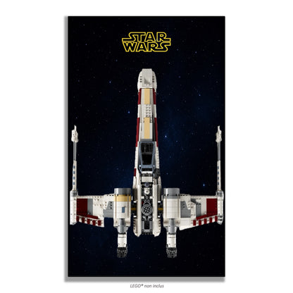 Chasseur X-Wing LEGO Star Wars 75355 – Style Star Wars jaune étoilé, finition Entretoises – fond étoilé logo Star Wars jaune classique – Tableau mural aluminium Kadris