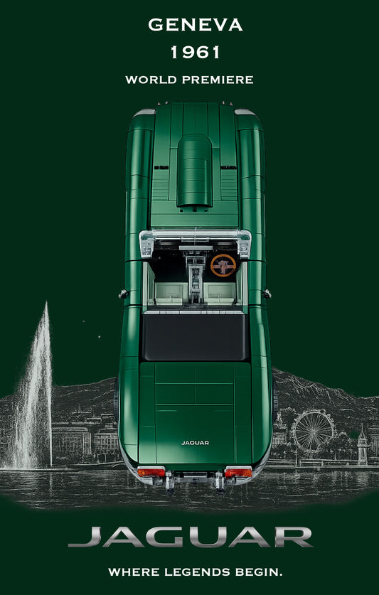 Jaguar E-Type LEGO® 11381 – Style WORLD PREMIERE – Vue principale, set en place – Tableau mural aluminium Kadris®