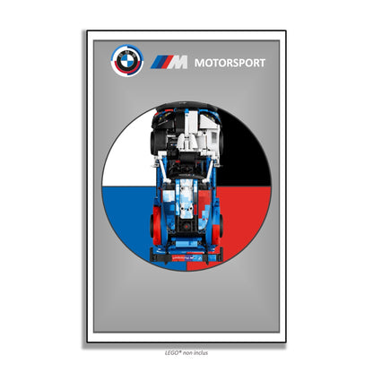 BMW M4 GT3 EVO LEGO Technic 42226 – Style Gris cercle M, finition Cadre aluminium noir – fond gris cercle M blanc bleu rouge noir – Tableau mural aluminium Kadris