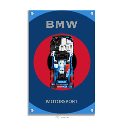 BMW M4 GT3 EVO LEGO Technic 42226 – Style Cercle rouge bleu, finition Cadre aluminium noir plan large – Tableau mural aluminium Kadris