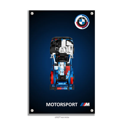 BMW M4 GT3 EVO LEGO Technic 42226 – Style Bleu nuit Motorsport, finition Entretoises – fond bleu nuit dégradé logo BMW rond – Tableau mural aluminium Kadris