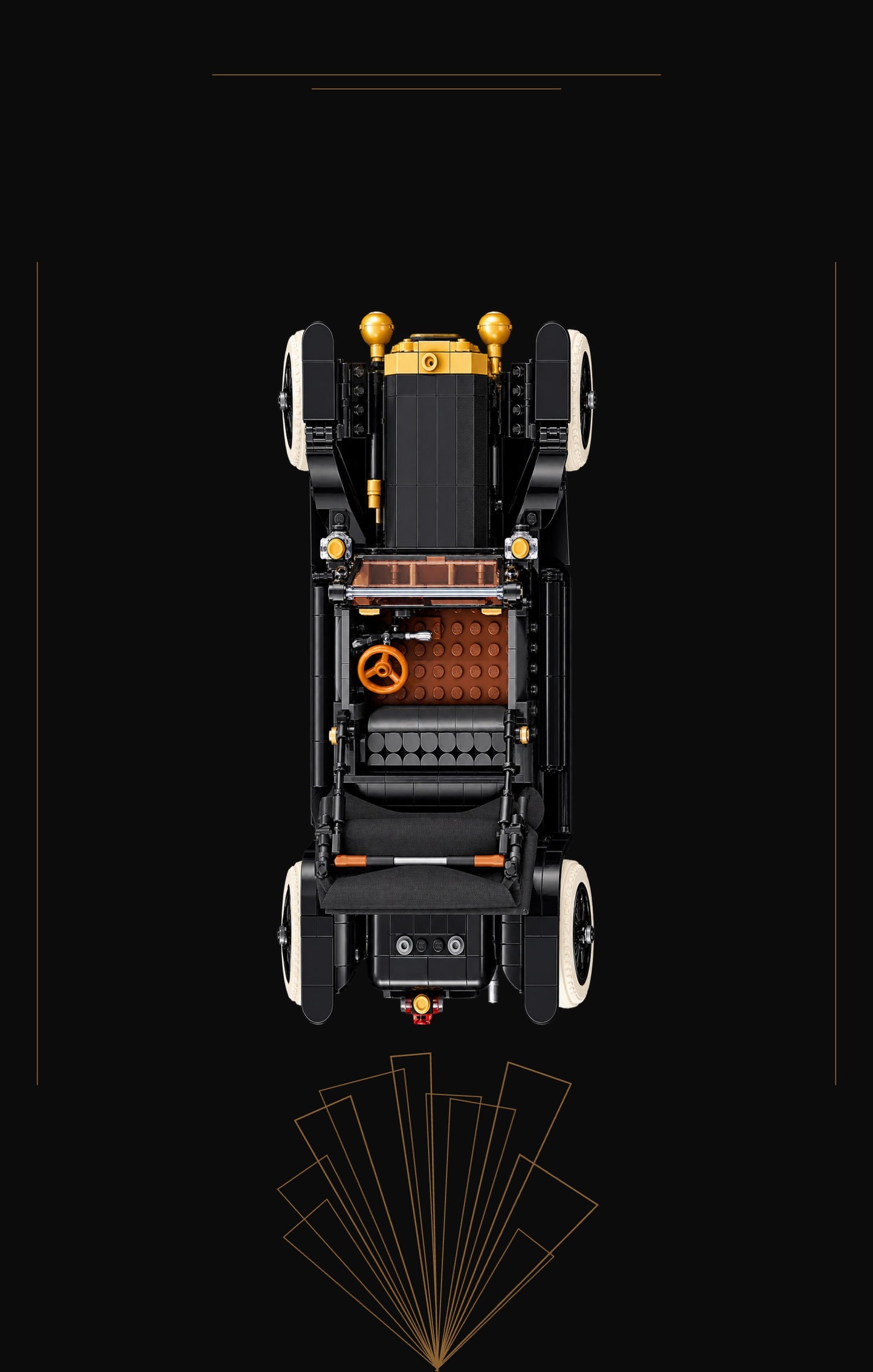 Tableau mural Kadris® pour LEGO® Icons Ford Model T 11376, style Golden Era, fond noir et volutes dorées Art déco