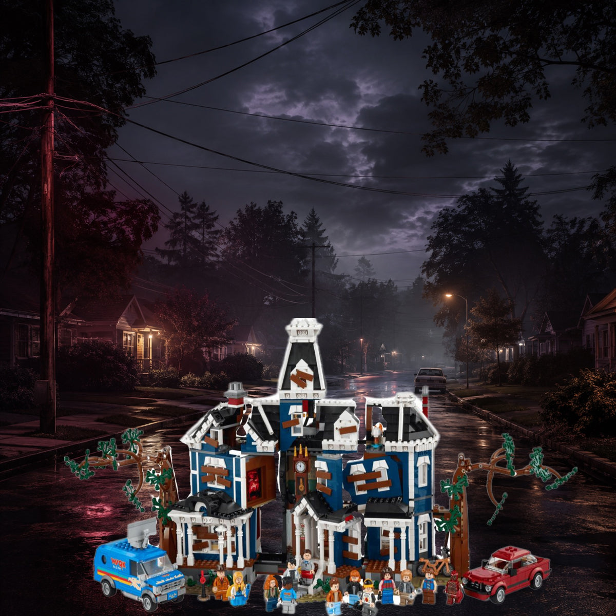 Stranger Things Maison Creel LEGO® 11370 – Décor Suburban Night – Set en place – Fond de meuble aluminium Kadris®