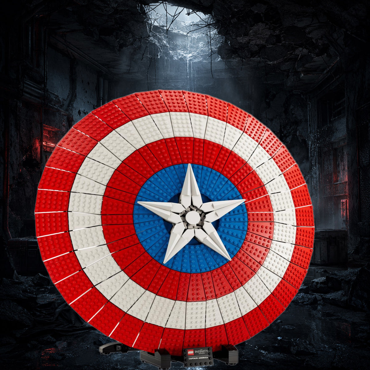 Bouclier de Captain America LEGO® 76262 – Décor Hangar détruit – Set en place – Fond de meuble aluminium Kadris®