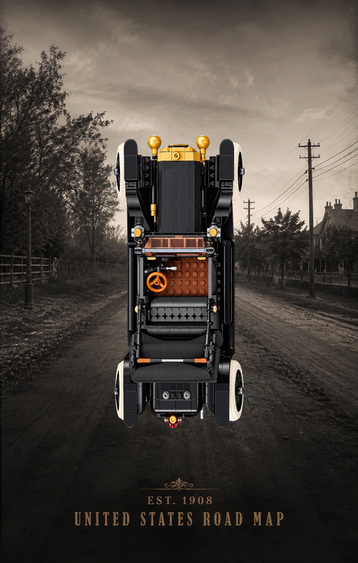 Tableau mural Kadris® pour LEGO® Icons Ford Model T 11376, style Backroads — 1908, route de campagne au crépuscule