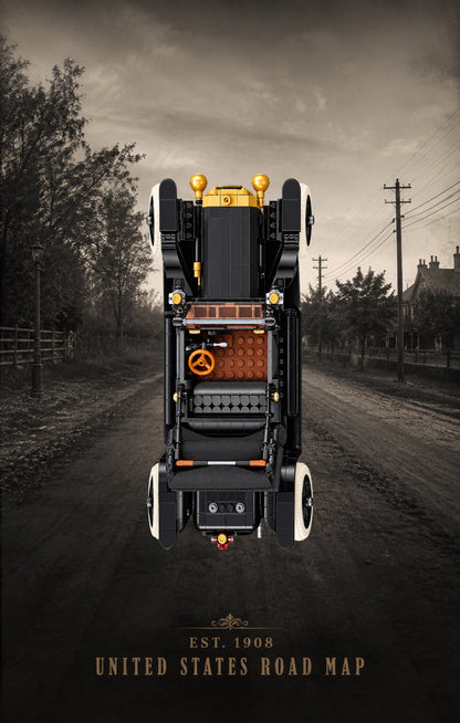 Tableau mural Kadris® pour LEGO® Icons Ford Model T 11376, style Backroads — 1908, route de campagne au crépuscule