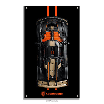 Koenigsegg Megacar Sadair's Spear LEGO Technic 42232 – Style Racing stripes orange, finition Entretoises – fond noir bandes orange logo Koenigsegg – Tableau mural aluminium Kadris