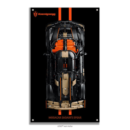 Koenigsegg Megacar Sadair's Spear LEGO Technic 42232 – Style Racing stripes texte bas, finition Entretoises – fond noir bandes orange texte MEGACAR – Tableau mural aluminium Kadris