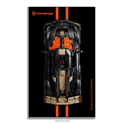 Koenigsegg Megacar Sadair's Spear LEGO Technic 42232 – Style Racing stripes texte vertical, finition Cadre aluminium noir variante – Tableau mural aluminium Kadris