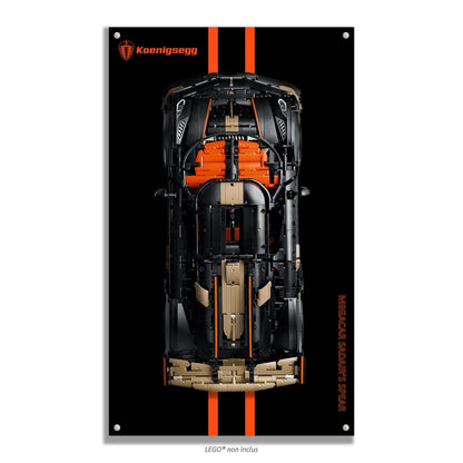 Koenigsegg Megacar Sadair's Spear LEGO Technic 42232 – Style Racing stripes texte vertical, finition Entretoises – fond noir bandes orange texte vertical – Tableau mural aluminium Kadris