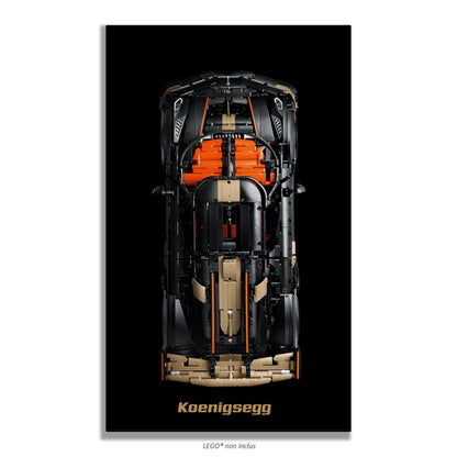 Koenigsegg Megacar Sadair's Spear LEGO Technic 42232 – Style Noir Koenigsegg, finition Cadre aluminium noir – fond noir logo Koenigsegg doré – Tableau mural aluminium Kadris