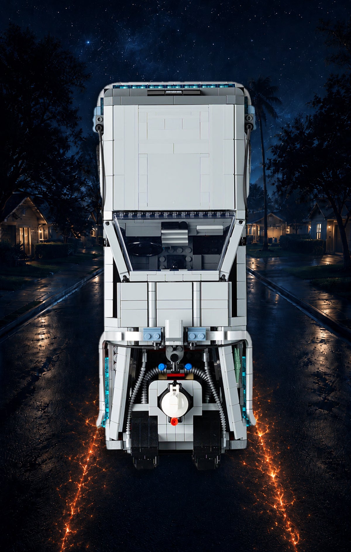 DeLorean Retour vers le Futur LEGO® 10300 – Style HOMEBOUND – Vue de face, set en place – Tableau mural aluminium Kadris®
