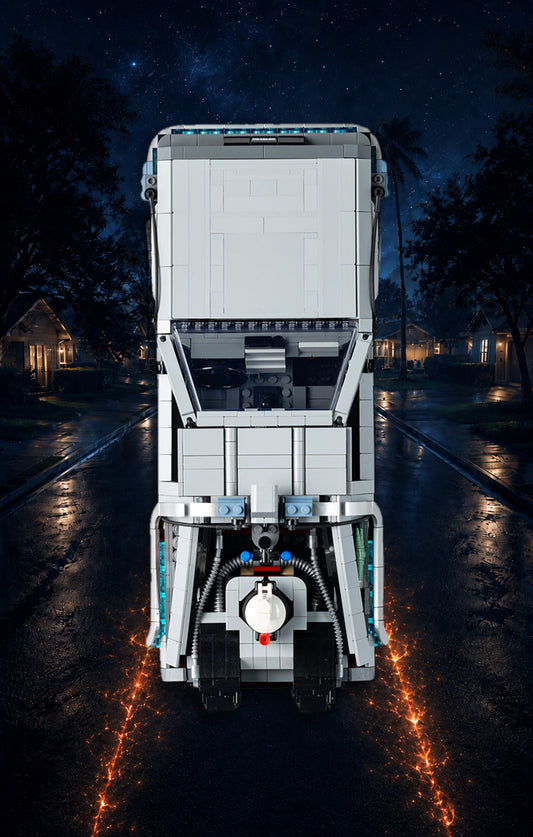 DeLorean Retour vers le Futur LEGO® 10300 – Style HOMEBOUND – Vue de face, set en place – Tableau mural aluminium Kadris®