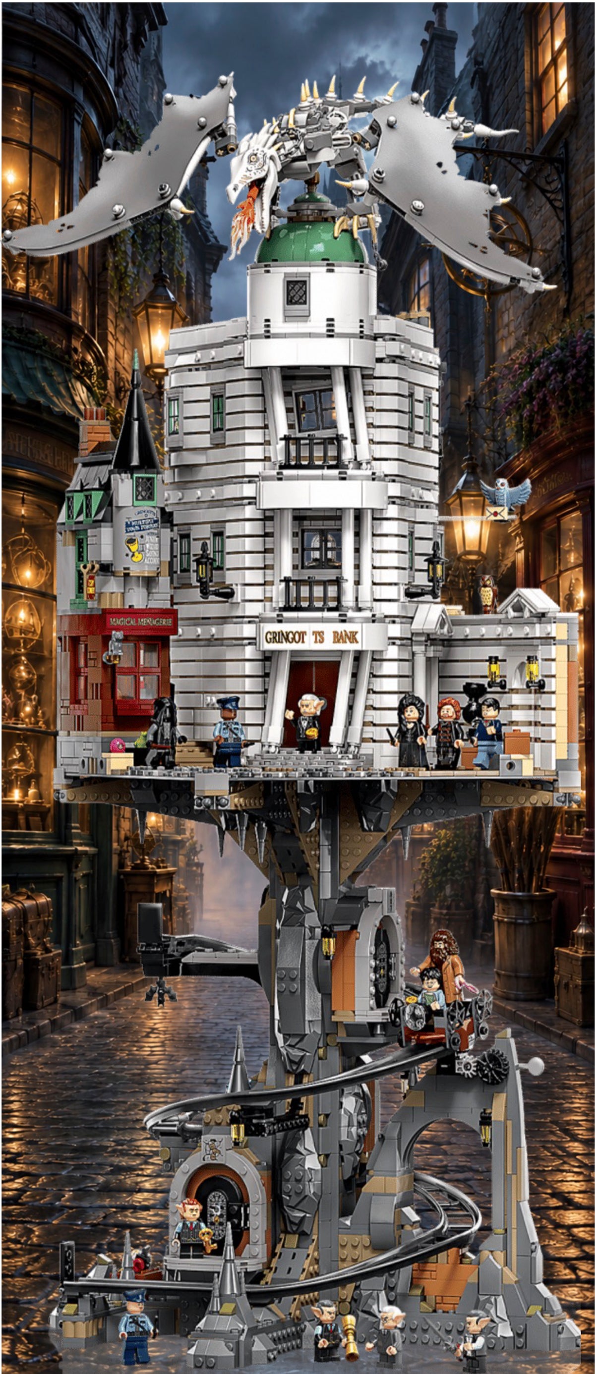 Banque Gringotts LEGO® 76417 – Décor Les Pavés de minuit – Set en place dans le meuble – Fond de meuble aluminium Kadris®