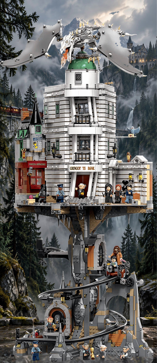 Banque Gringotts LEGO® 76417 – Décor Mountain Railway – Set LEGO® en place dans le meuble – Fond de meuble aluminium Kadris®